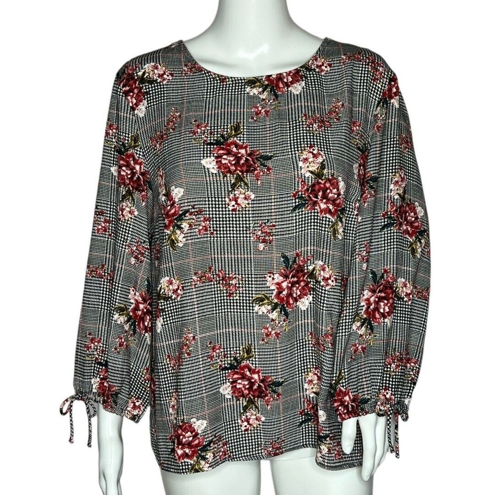 Massini Blouse Black‎ White Houndstooth Pink Floral Top 3/4 Sleeve Tie Cuffs
